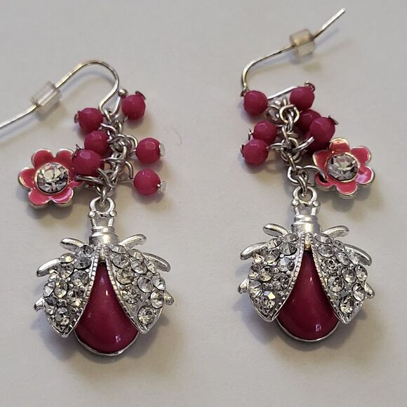 Pink Bug Ladybug And Flower Rhinestone Embellished Dangle Artisan Earrings - Picture 2 of 4